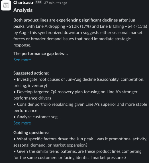 Pulse analysis card in Slack with summary, suggested actions, and guiding questions